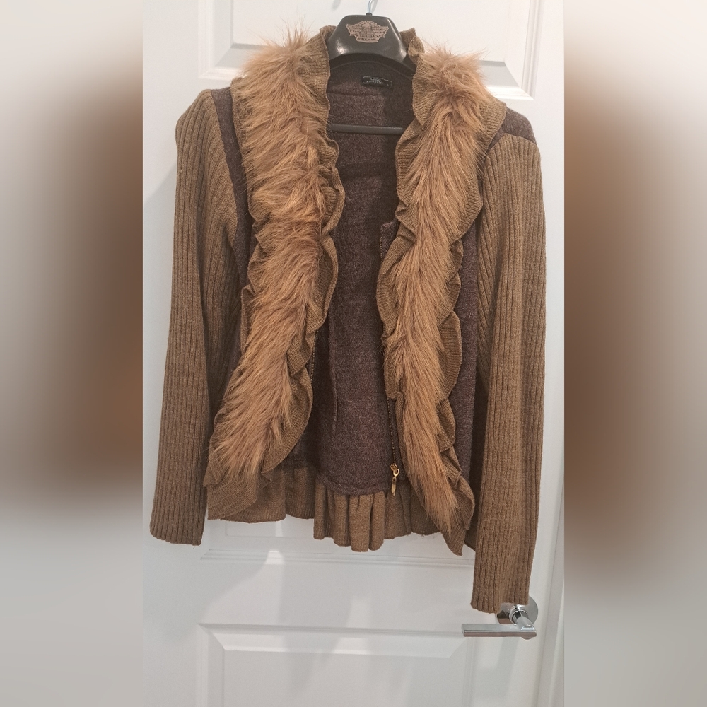 Brown Faux Fur Trimmed Sweater Shrug